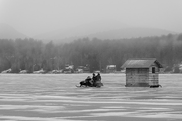 Pulling the Shanty out onto Schroon Lake B&W