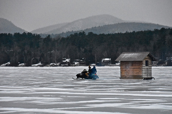 Pulling the Ice Fishing Shanty onto Schroon Lake